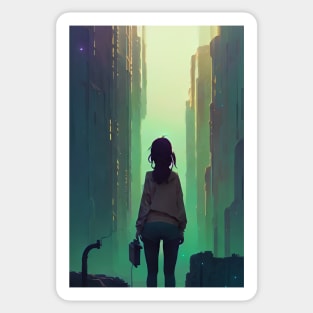 Anime Girl Vibing in Streets Lofi Scenario Landscape Sticker